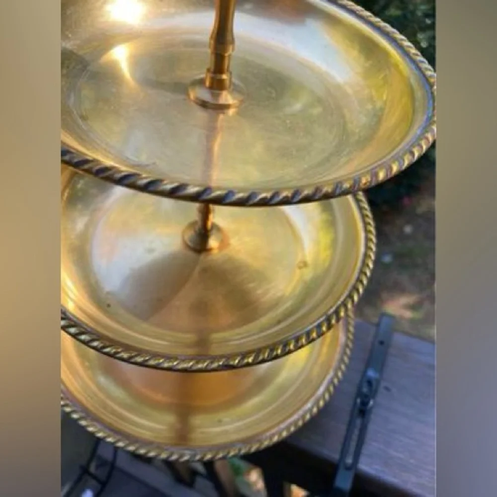 Vintage Brass 3 Tier Pastry Fruit Plate Serving  Dessert Holder Made In Designco